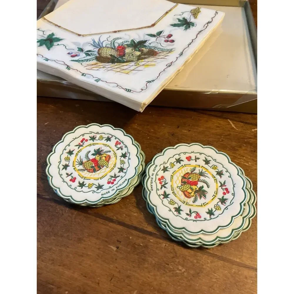Napkins Coasters Freund Mayer Boxed Set 18 Harvest Motif England Fruit Vtg